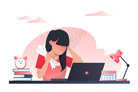 年轻女性正在用笔记本电脑工作 在工作上压力很大 解决任务有问题图片