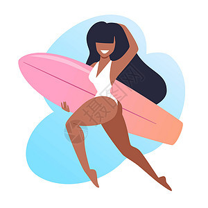穿着白色泳衣的长发女孩拿着冲浪板奔跑 穿着白色泳装的黑发女郎 矢量图 夏季时间概念图片