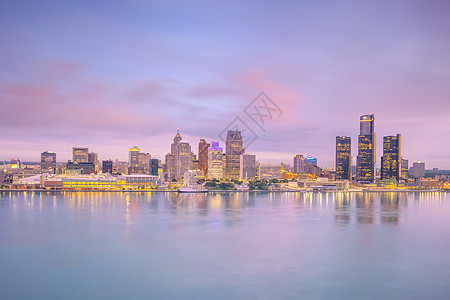 美国密歇根的底特律天线城市地标天际反射建筑学市中心日落旅行全景摩天大楼图片