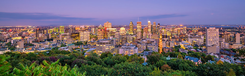 从加拿大日落时的顶端观点看蒙特利尔城市建筑树叶地标天空天线照明景观蓝色旅游图片