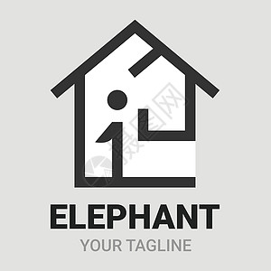 大象家 房子或房地产形状标志 图标 符号或徽章模板 抽象的线性风格设计矢量 动物标识概念 灰色背景上孤立的黑白版本图片