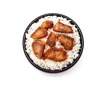 白米饭 白底黑碗加烤猪肉生活木头植物美食种子营养食物白色筷子盘子图片