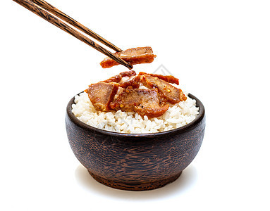 白米饭 白底黑碗加烤猪肉美食食物筷子植物营养白色盘子炙烤种子生活图片