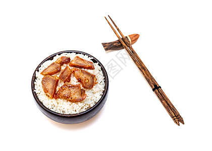 白米饭 白底黑碗加烤猪肉种子美食植物食物盘子白色筷子炙烤生活营养图片