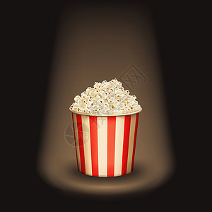 爆米花圆桶杯在聚光灯下 现实的矢量电影堆积了流行玉米纸碗红白盒 超级明星电影零食 图形插图图片