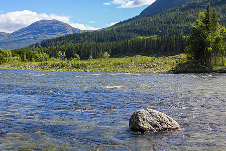 流淌着美丽的河水湖 Hemsila与山地全景 挪威的Hemsedal太阳农村蓝色山脉风景摄影明信片河水岩石漂浮图片