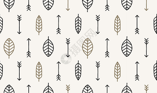 叶叶 箭和羽毛矢量无缝模式打印墙纸风格潮人装饰品树叶织物白色纺织品包装图片