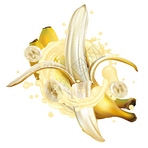 将香蕉切成一整片 在奶昔中喷洒食物营养液体插图味道甜点产品鞭打广告奶制品图片