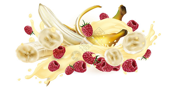 在奶昔或酸奶喷洒中的香蕉和草莓饮食插图甜点牛奶维生素水果鞭打广告液体饮料图片