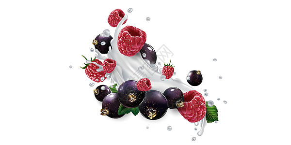 奶汁或酸奶喷洒中的黑草莓和果饮食液体奶制品美食厨房水果飞溅食物鞭打浆果图片