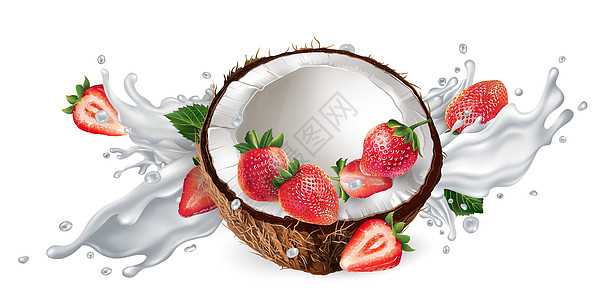 牛奶或酸奶喷洒中的椰子和草莓甜点厨房液体鞭打产品飞溅浆果维生素广告水果图片