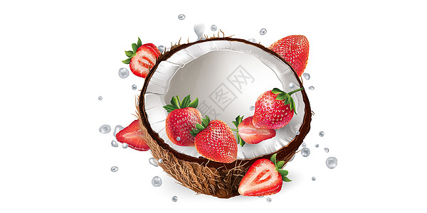 在酸奶或牛奶喷洒的椰子和草莓产品液体维生素水果食物奶制品饮食浆果厨房飞溅图片