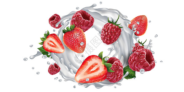 草莓和浆果 还有一滴牛奶或酸奶饮食维生素覆盆子鞭打美食饮料飞溅水果营养食物图片
