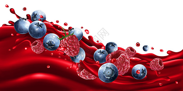 果汁浪潮中的蓝莓和覆盆子图片
