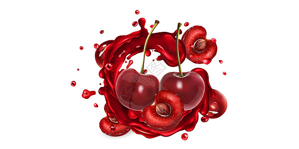 新鲜樱桃和果汁喷洒液体插图维生素菜单食谱营养咖啡店浆果健康饮料图片