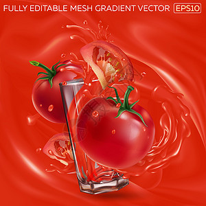 西红柿和一杯溅有番茄汁的玻璃杯图片