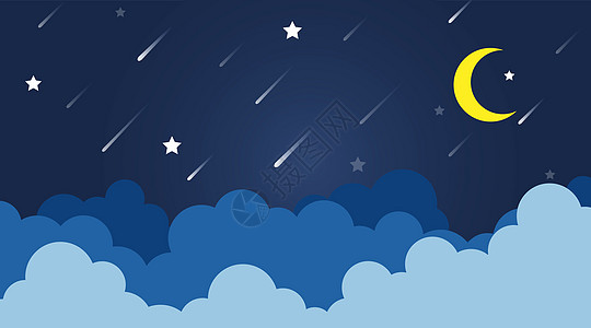 夜深蓝天空背景矢量中陨星进入地球时 月亮和黄月亮的云彩风景与恒星和黄月图片