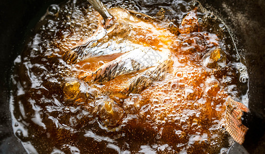 肥肠鱼在煎锅里贴近炸鱼背景