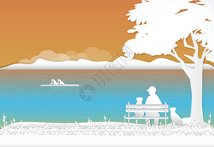 男人和狗在长凳上放松 在湖边看独木舟 纳图图片