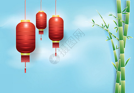 红色灯笼挂上和竹子与天空背景 剪纸 p图片