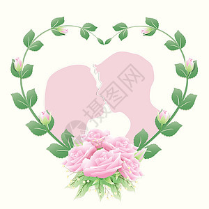 配着玫瑰常春藤和粉红玫瑰花束的情侣在心架上图片