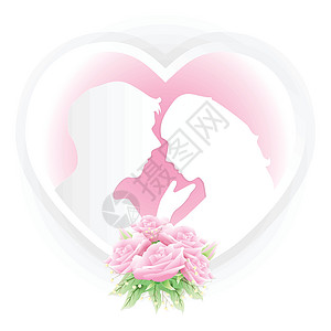 有粉红玫瑰花花束纸画风格的情侣在心架上图片
