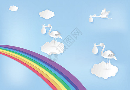 蓝天空的彩虹与婴儿一起飞翔的天鹅皮纸艺术孩子蓝色插图问候语庆典卡片气球纸艺生日新生图片