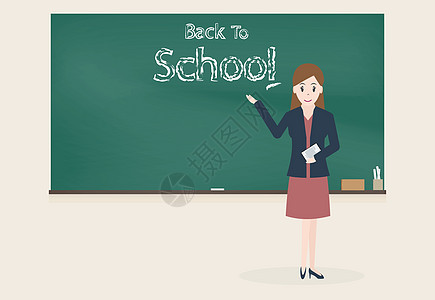 女教师和返回学校的课本黑板背景情况图片