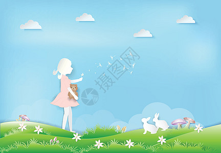 带着丹德利翁花朵漂浮和兔子纸艺术的小女孩图片