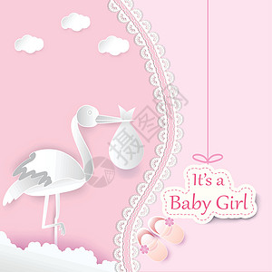 粉红色背景的宝宝面上带婴儿和云彩的鸟纸艺术g图片