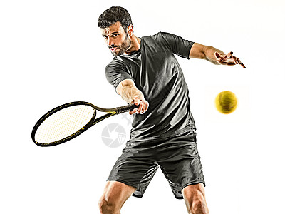 成年网球运动员男子 前手前视视图孤立的白色背景播放器腰部动员运动工作室男性球拍男人图片