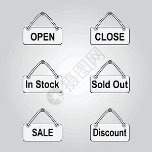 带有打开和销售的图标符号集市场折扣黑色服务营销灰色店铺插图标签零售图片