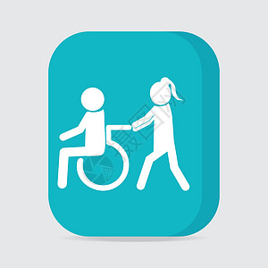 残疾图标符号 一名妇女推着男性病人的轮椅图片