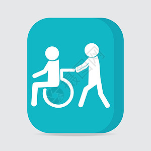 残疾人图标 一个男人推人轮椅的病人按钮图片