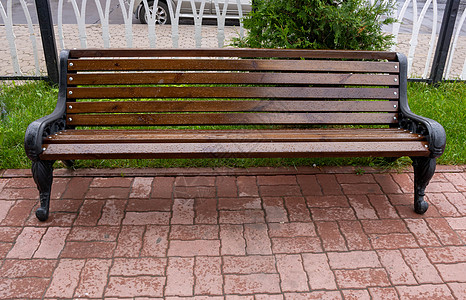 秋天公园的一片淋雨棕色长椅图片