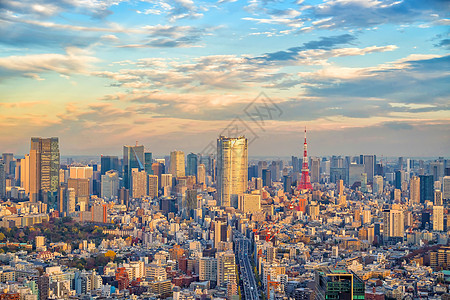 日本东京城市天际线的顶视图 东京skyli顶视图景观商业日落场景市中心彩虹旅行建筑办公室摩天大楼图片