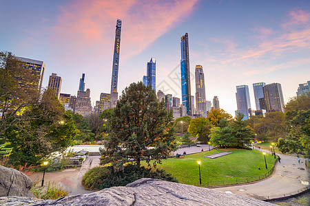 日落时 纽约中央公园美丽的树叶颜色地标公园蓝色景观城市闲暇植物反射旅行叶子图片