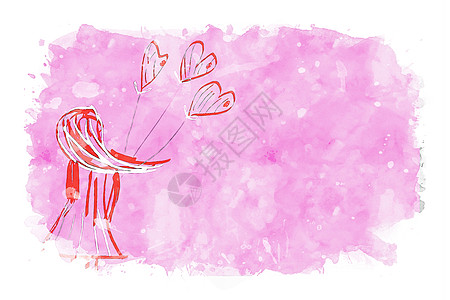 女孩用粉红水彩色背景的心形气球红色卡片水彩绘画粉色图片