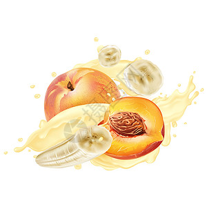 酸奶或奶昔喷洒中的桃子和香蕉奶制品插图饮料液体食物产品广告美食厨房营养图片