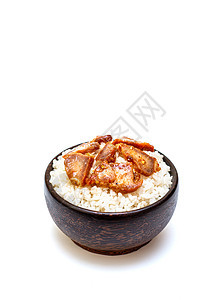 白米饭 白底黑碗加烤猪肉木头生活美食食物营养植物筷子白色种子盘子图片