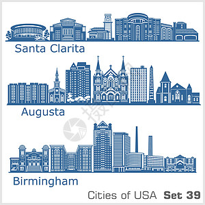 美国城市 - 伯明翰 圣克拉丽塔 奥古斯塔 详细的架构 时尚矢量图图片
