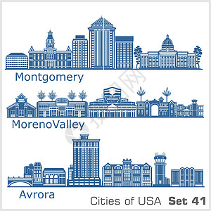 美国城市 - 奥罗拉 莫雷诺谷 蒙哥马利 详细的架构 时尚矢量图图片