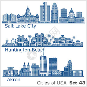 美国城市 - 亨廷顿海滩 盐湖城 阿克伦 详细的架构 时尚矢量图图片