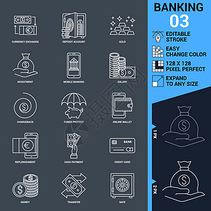 银行图标集 薄线矢量说明手机拒付信用货币商业金融现金技术电话订金图片
