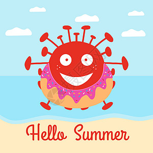 你好 夏天 红卡通冠状病毒细菌 在甜甜圈游泳圈的海滩上 矢量储量图解图片
