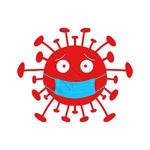 红色卡通冠状病毒细菌 蓝色面罩 白底孤立 矢量图解 (block)图片
