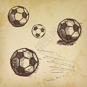 在旧纸上设置的足球素描运动游戏古董黑色创造力阴影铅笔涂鸦草图床单背景图片