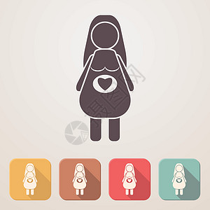孕妇平板图标 以带影子的彩色盒子设置胚胎不育身体女士生育力怀孕插图产妇胎儿母亲图片