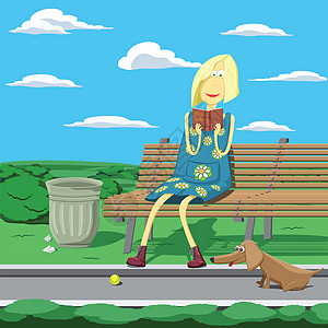 在公园的卡通女孩 坐在子旁边 在骨轮旁看书靴子女性小狗场地网球乐趣篮子宠物裙子艺术图片
