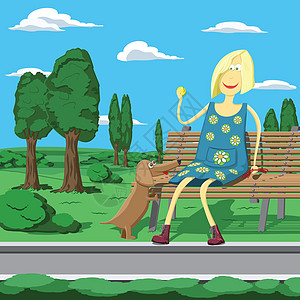在公园的卡通女孩 坐在子上玩狗网球头发插图天空微笑女性衬套场地宠物小狗图片